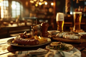 Belgian Beer Bliss: Immerse Yourself in the Culinary Delights of a Picturesque Beer Garden, Where Friends Gather, and a Tempting Platter Awaits.

 - obrazy, fototapety, plakaty