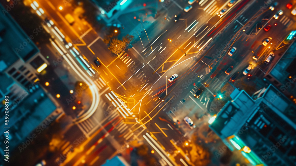 Wall mural aerial view of traffic lights with a bokeh effect