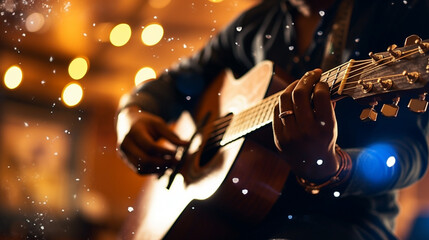 Close-up of a guitar strings with a bokeh musician figure in the background