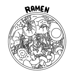 Illustration Asian noodle soup, ramen with chicken, shrimp, and tofu, vegetables, and egg in a bowl. Sketch. Line illustration of Japanese cuisine.