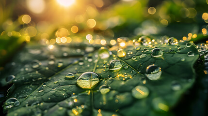 Large beautiful drops of transparent rain water on a green leaf macro. Drops of dew in the morning glow in the sun. Beautiful leaf texture in nature. - obrazy, fototapety, plakaty