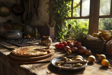 Homely Aromas: In a Rustic Provençal Kitchen, Culinary Tradition Comes Alive, Filling the Air with Authentic Fragrance and the Essence of French Gastronomy. - obrazy, fototapety, plakaty