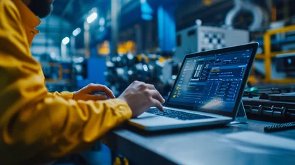  professional factory worker using a laptop to control an automatic machinery program, showcasing the modern engineering environment © 1st footage