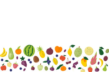 Fruit mix down border. Colorful unregular background concept with copy space. Fruity banner for local farmers market. Food template design isolated. Farm products hand drawn flat vector illustration