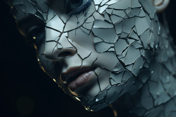 The distorted reflection in a cracked mirror, revealing a face marked by the fragmented facets of a...