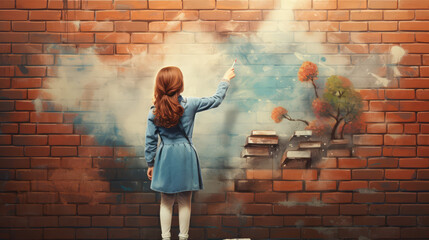 schoolgirl painting a mural on a brick wall - Powered by Adobe