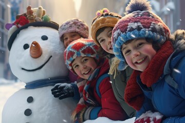 Obraz na płótnie Canvas Winter Whimsy: Children, Clad in Cozy Attire, Playfully Navigate a Frosty Wonderland, Their Laughter Echoing the Joy of a Holiday Season Filled with Festive Adventures and Magical Scenes.
