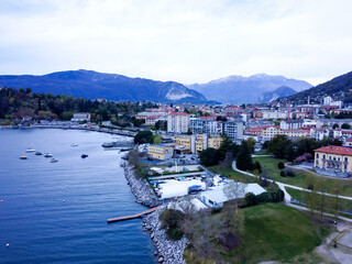 View of Riva del Garda city, Garda lake, Italy, alps mountains.