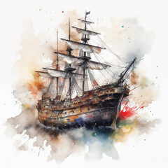 Watercolor Painting Style Pirate Ship Vessel