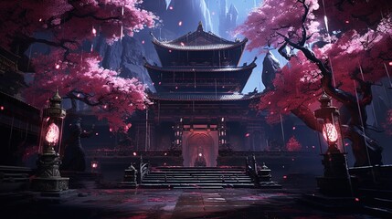 cherry blossom temple in cyberpunk illustration style