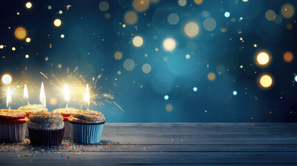 Birthday celebration with cupcakes and sparklers, text space