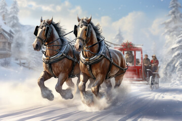 A winter sleigh ride through a snowy countryside, with crisp air and the sound of jingling bells adding to the festive atmosphere. Concept of sleighing joy. Generative Ai.