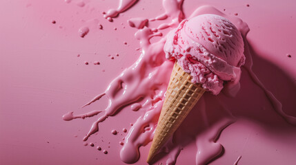 A cone with strawberry ice cream, fallen on a pink floor, summer dessert, food photography 