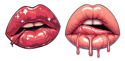 Red woman lips, cartoon style on white. - obrazy, fototapety, plakaty
