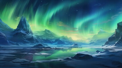 Fototapeta na wymiar the Northern Lights dancing over a frozen Arctic landscape, illuminating icebergs and snowy plains in ethereal shades of green and blue
