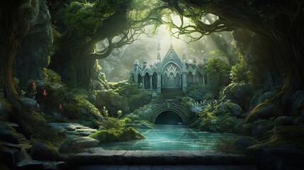 scene set in a fantasy world, hidden realm nestled within ancient forests, where mystical beings dwell, protected by powerful enchantments, and where time seems to stand still - obrazy, fototapety, plakaty