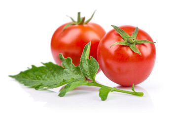 Organic tomato vegetables. Two tomatoes with green leaf. Still life of vegetable harvest. Healthy...