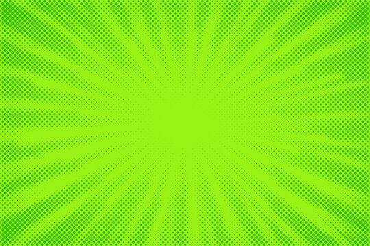 Green comic background. Art pop cartoon light backdrop. Halftone effect pattern. Fun anime texture. Starburst manga style bg. Mark popart radial gradient. Bright abstract color. Vector illustratio