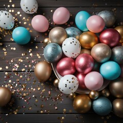 
Easter colored eggs with sparkles, feathers, confetti on the table. Easter atmosphere greeting card background. Festive composition of Easter egg decor. Easter card design template. Generative ai