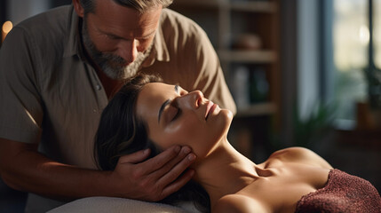 A woman at a massage session with a male masseur