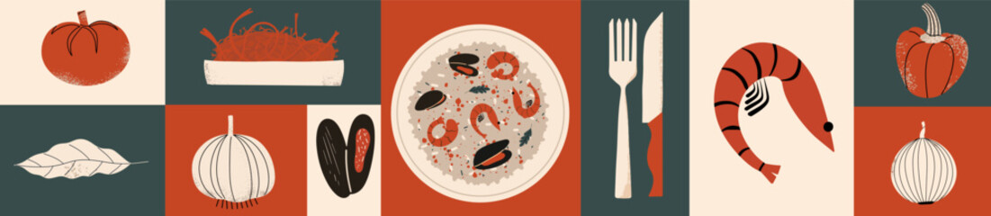 Recipe for Spanish Paella in geometric style. Food vegetable dinner banner, background. Vector illustration.