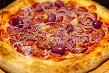 Traditional Calabrian sausage pizza with red onion and black olives
