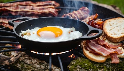 Fried eggs with bacon in a pan, outdoor forest camp meal