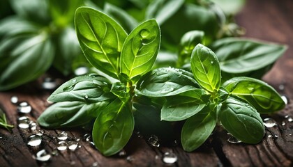 Herbal garden freshness - basil, oregano, rosemary with dew drops, vibrant green leaves, culinary sections, macro texture