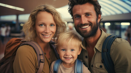 Young happy family travelling to another country on vacation