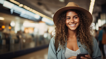 Young attractive person traveler is going on vacation by plane