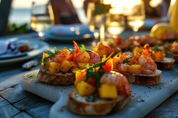 Sunny Delights: At a Beachside Gathering, Friends Enjoy a Culinary Feast of Mango and Shrimp, Creating a Tropical Delight with Ocean Waves, Laughter, and the Pleasure of Coastal Togetherness.

 - obrazy, fototapety, plakaty