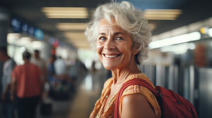 Stylish elderly woman traveler is waiting for the arrival of the plane in the airport terminal