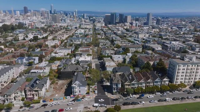 Painted Ladies Victorian houses in Alamo Square. San Francisco, California cityscape at Alamo Square. It is the row of Victorian houses at Steiner.