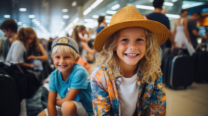 Young cheerful children are waiting for the arrival of the plane in the airport terminal