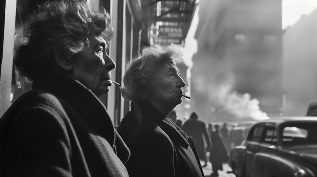 Black and white image of old ladies smoking cigarettes on the streets of NYC in the 1970s