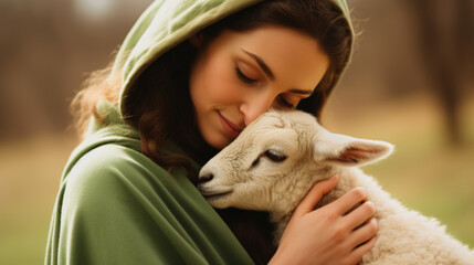 A woman in a green hood gently holds a lamb in her arms.