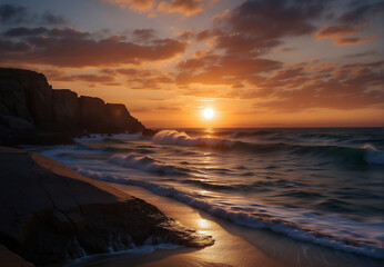 Obraz premium red sunset on the sea, shoreline red sky, waves