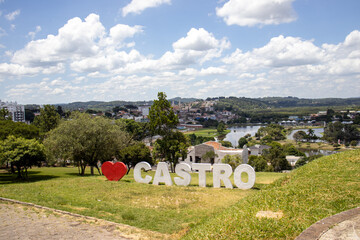 Castro Paraná Brazil Welcome sign at the top of the hill in the city of Castro with an aerial view...