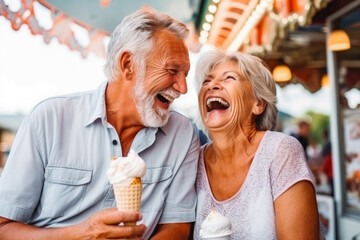 Beautiful sweet retired grey haired senior couple smiling and eating ice cream, elderly couple enjoying each others company while laughing and eating ice cream