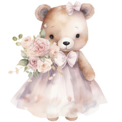 Cute Teddy bear girl in a lilac dress with flowers, pretty toy character, watercolor illustration isolated with a transparent background, baby invitation template design