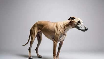 An elegant greyhound with a slender build and a smooth light brown coat gazes pensively in a bright minimalist photography studio, its refined features reflecting its aristocratic breed qualities.