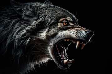Angry grinning wolf (Canis lupus) on black background. Growling muzzle of a wolf. Banner about wild...
