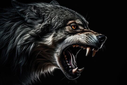 Angry grinning wolf (Canis lupus) on black background. Growling muzzle of a wolf. Banner about wild animal with copy space