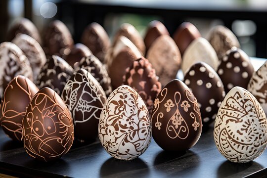 Easter set chocolate ornate eggs on black background