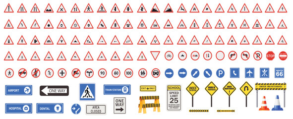 Road signs vector, traffic sign, highway warning, priority, prohibitory signs collection.
European traffic signs collection. Vector illustration.