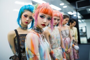 Models pose in the backstage just before Francesca Liberatore show during Milan Women's Fashion Week in Milan.