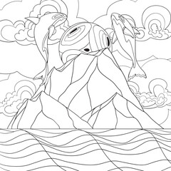 Orcas in the sky line art design.