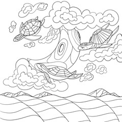 Turtles in the sky line art design.