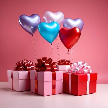 Happy Valentine's Day. Gift boxes and heart-shaped balloons