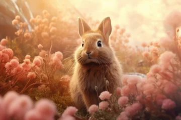 Fotobehang Little bunny hiding in flowers in sunny day. Cute fluffy rabbit on the meadow on warming spring day. Easter greeting card, background, banner, wallpaper with copy space  © ratatosk